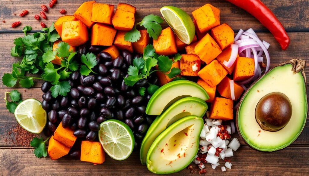 essential ingredients for Spicy Black Bean and Sweet Potato Bowl