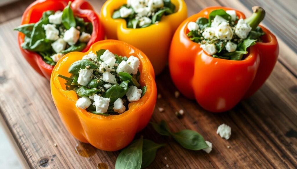 fresh spinach and feta cheese stuffed peppers