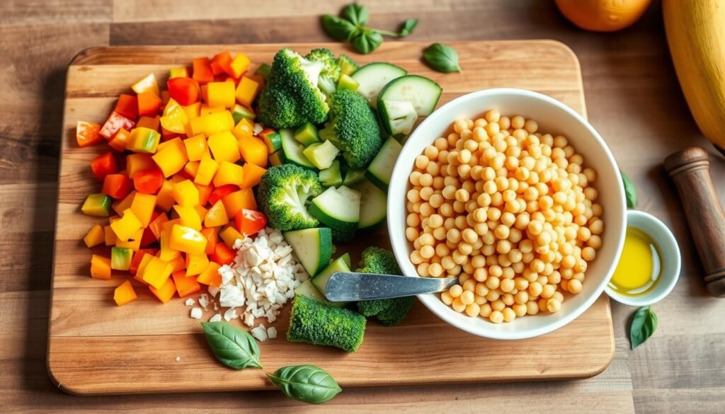 ingredient preparation for high-protein chickpea pasta primavera