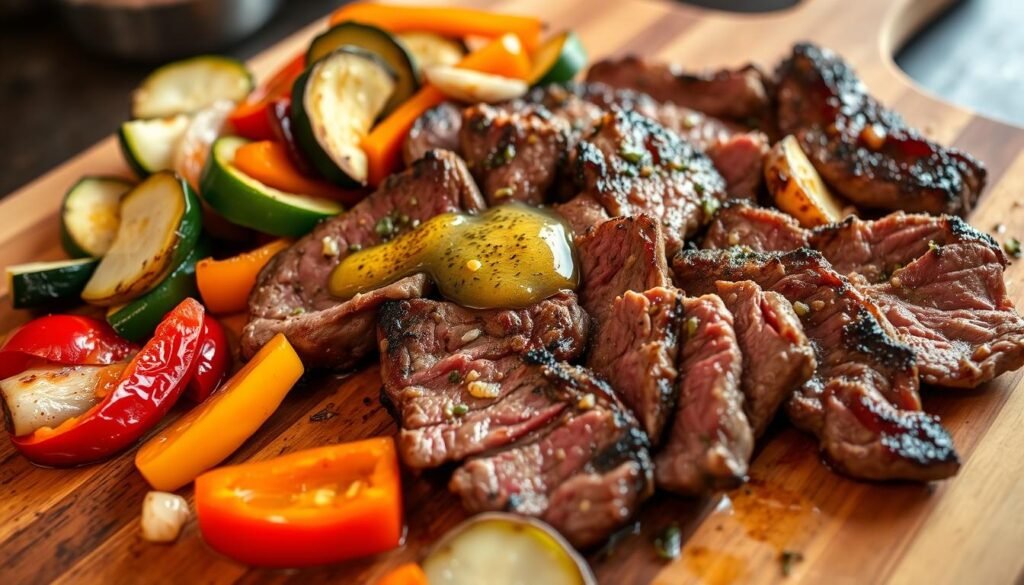 steak prep with garlic butter mixture and sautéed veggies