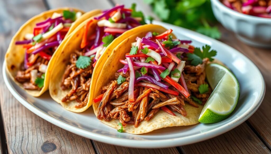 BBQ pork recipe tacos with slaw