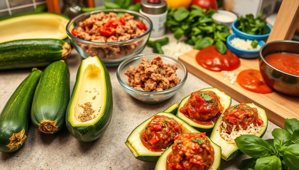 Cooking zucchini boats with Italian meatballs from scratch