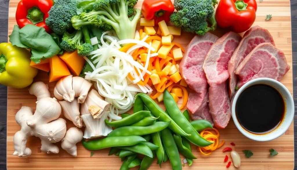 Key ingredients for low-fat beef stir-fry