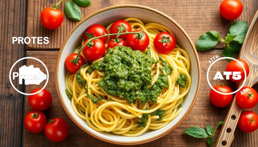 Macronutrients of pesto zoodles with cherry tomatoes