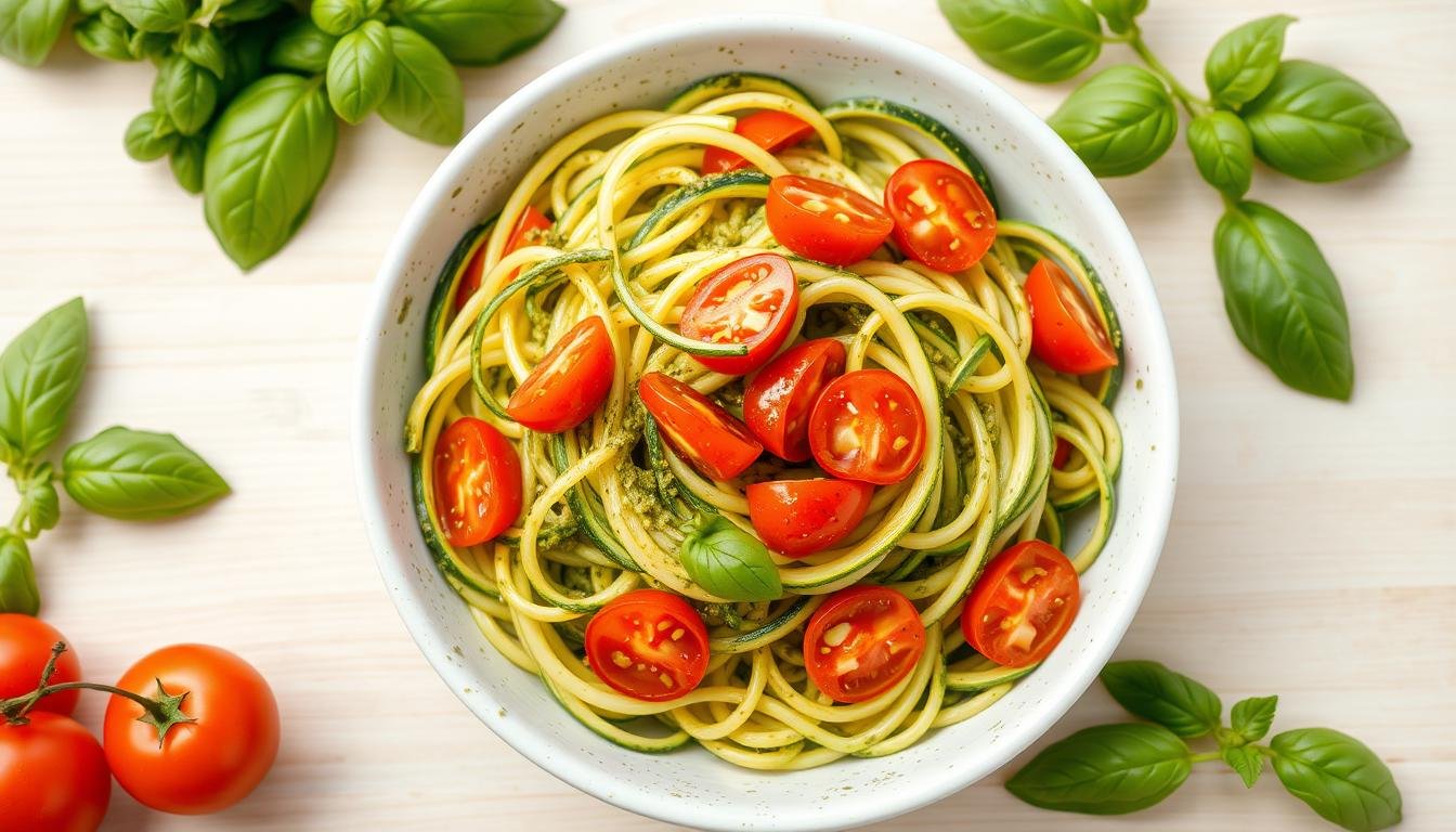 Pesto Zoodles with Cherry Tomatoes