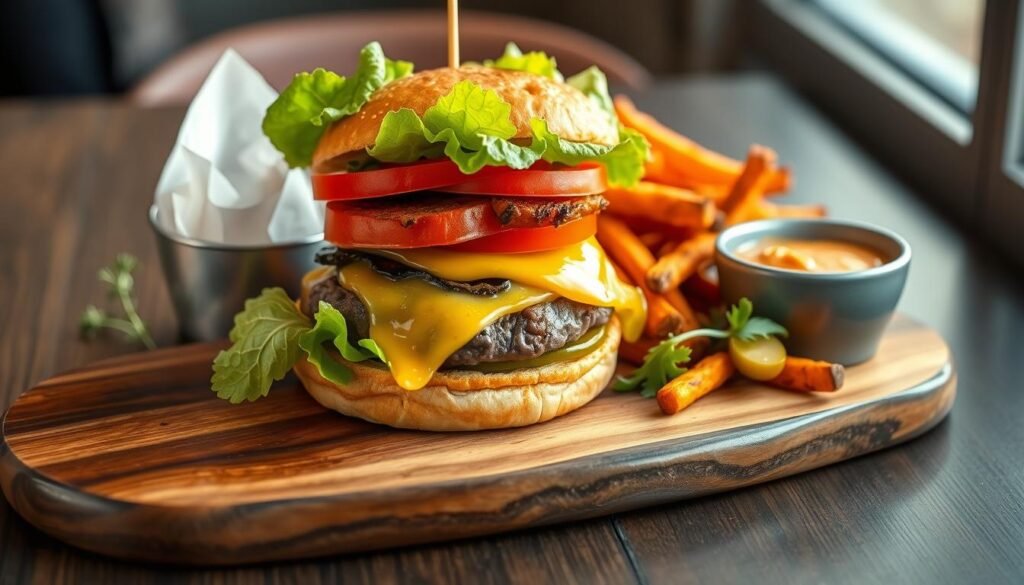 Serving mushroom beef burger with sides for burgers