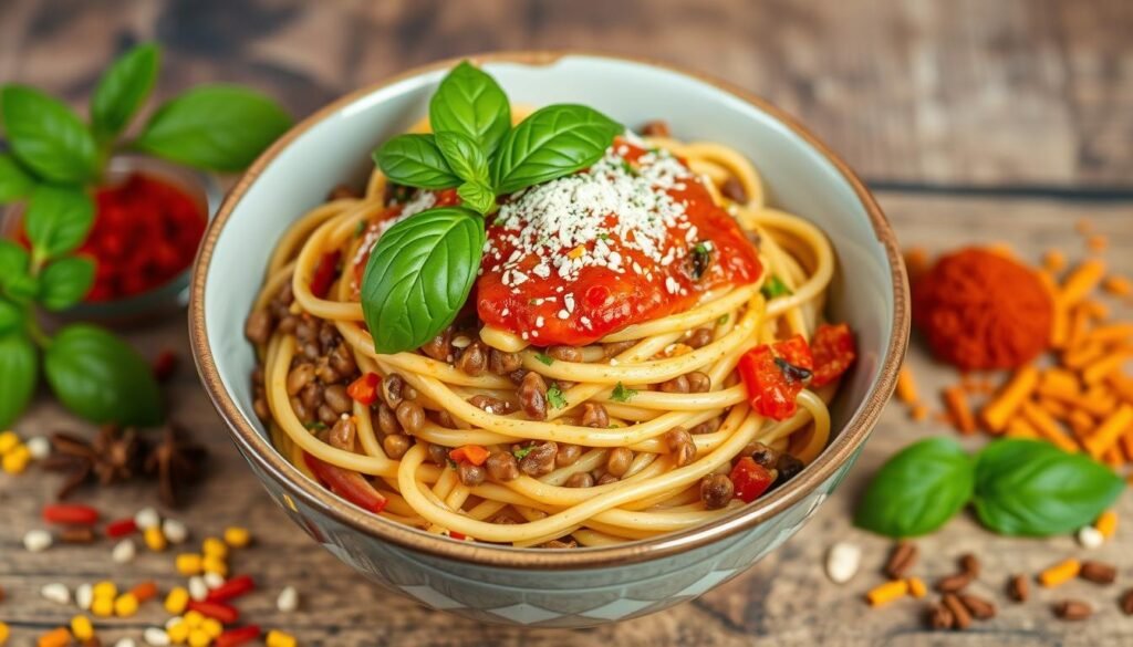 Vegan pasta with lentils and spices