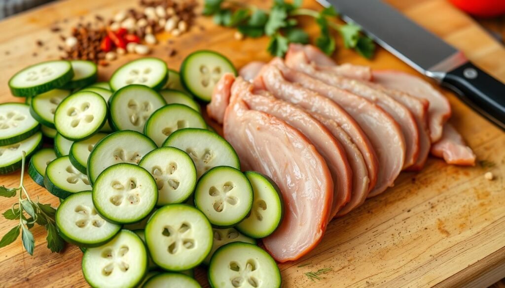 fresh zucchini and pork for stir-fry ingredients