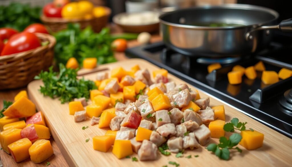 preparing pork and sweet potatoes